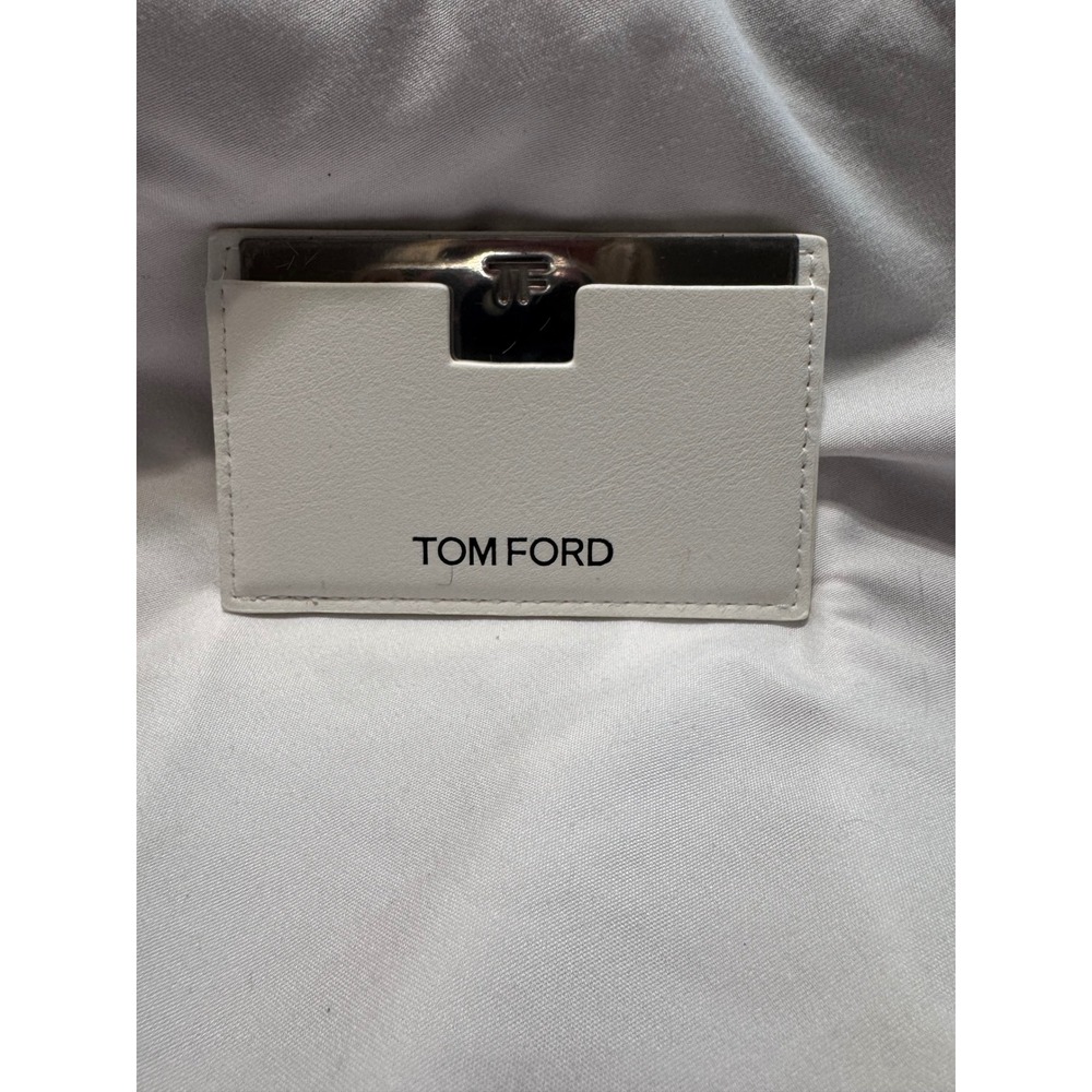 Tom Ford White Leather Card Holder with TF Logo Mirror Insert Silver Tone